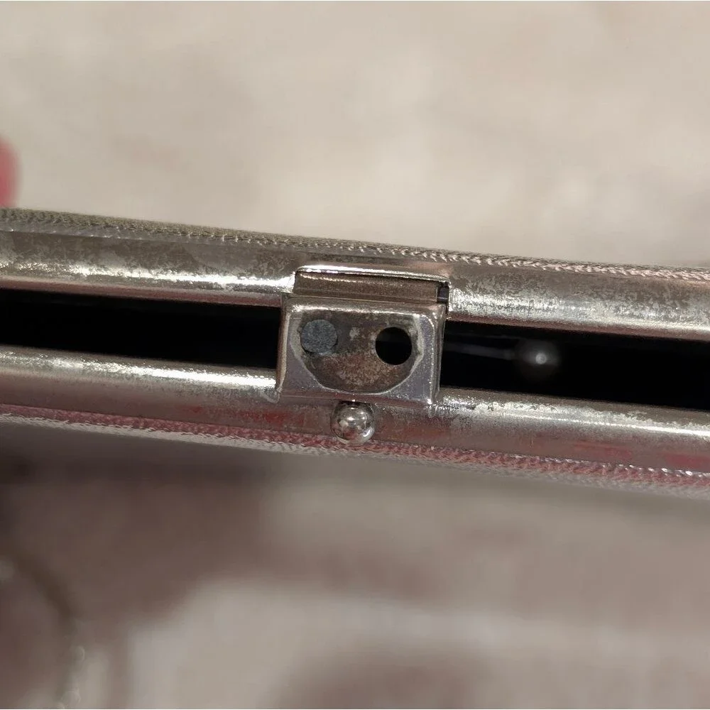 Vintage Silver Metallic Evening Bag Convertible Clutch Rhinestone Kiss Lock
